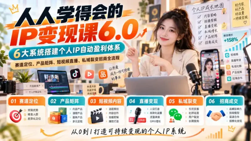 人人学得会的IP变现课6.0，6大系统搭建个人IP自动盈利体系，赛道定位、产品矩阵、短视频直播、私域裂变招商全流程-大伟资源网