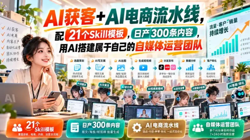 AI获客+AI电商流水线，配21个Skill模板，日产300条内容，用AI搭建属于自己的自媒体运营团队-大伟资源网