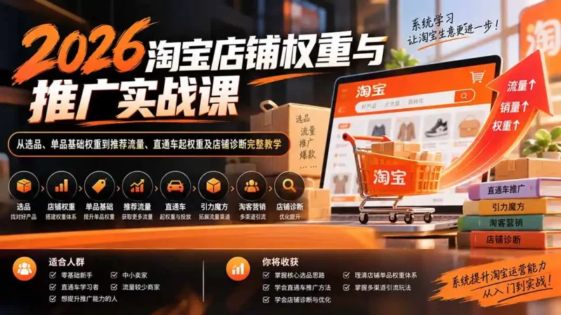 2026淘宝店铺权重与推广实战课：从选品、单品基础权重到推荐流量、直通车起权重及店铺诊断完整教学-大伟资源网