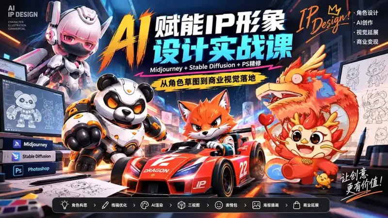 AI赋能IP形象设计实战课-无水印：Midjourney+Stable Diffusion+PS精修，从角色草图到商业视觉落地-大伟资源网