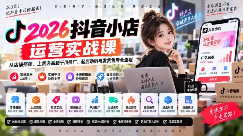 2026抖音小店运营实战课｜从店铺搭建、上货选品到千川推广、起店动销与发货售后全流程-大伟资源网