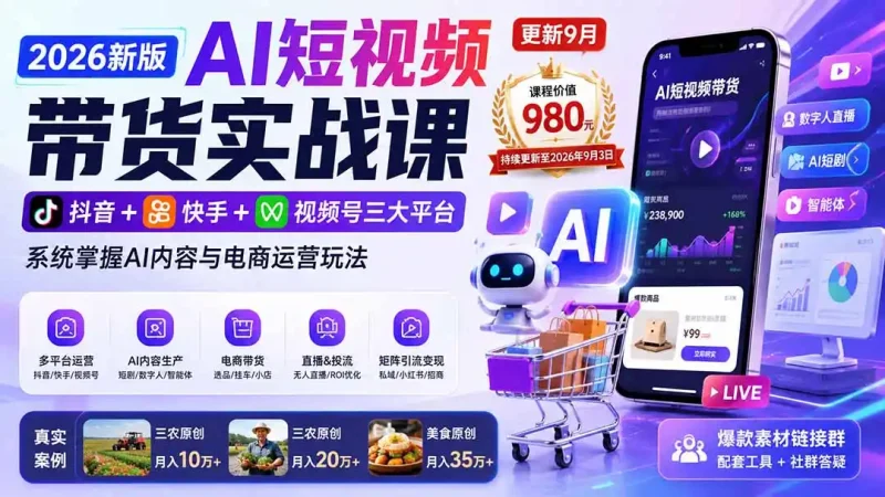 2026新版AI短视频带货实战课-更新9月26：抖音+快手+视频号三大平台，系统掌握AI内容与电商运营玩法-大伟资源网