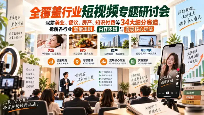 短视频专题研讨会，深耕美业、餐饮、房产、知识付费等34大细分赛道，拆解各行业流量规则、内容逻辑与变现核心玩法-大伟资源网