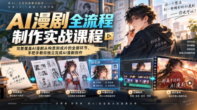 AI漫剧全流程制作实战课程，完整覆盖AI漫剧从构思到成片的全部环节，手把手教你独立完成AI漫剧创作-大伟资源网