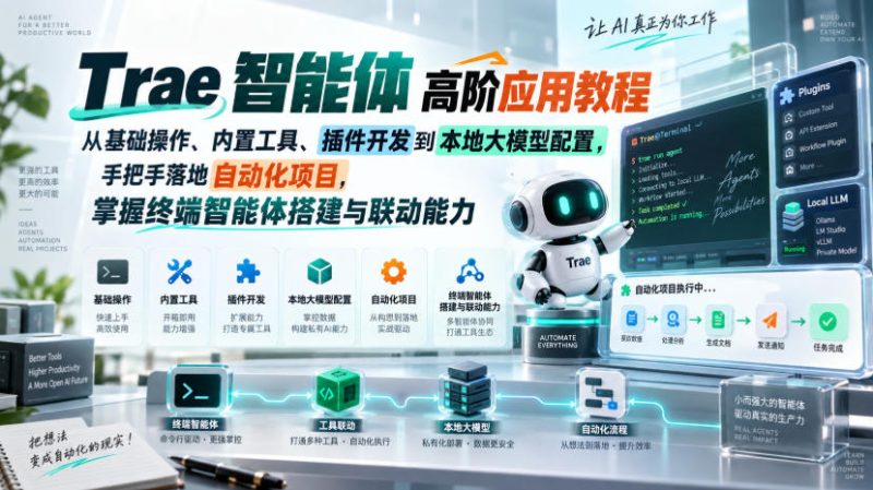 Trae智能体高阶应用教程，从基础操作、内置工具、插件开发到本地大模型配置，手把手落地自动化项目-大伟资源网
