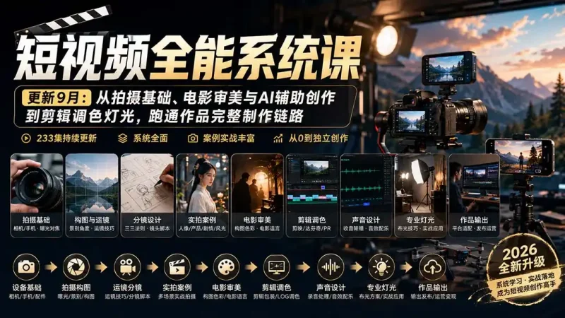 短视频全能系统课-9月完整版:从拍摄基础、电影审美与AI辅助创作到剪辑调色灯光,跑通作品完整制作链路-大伟资源网