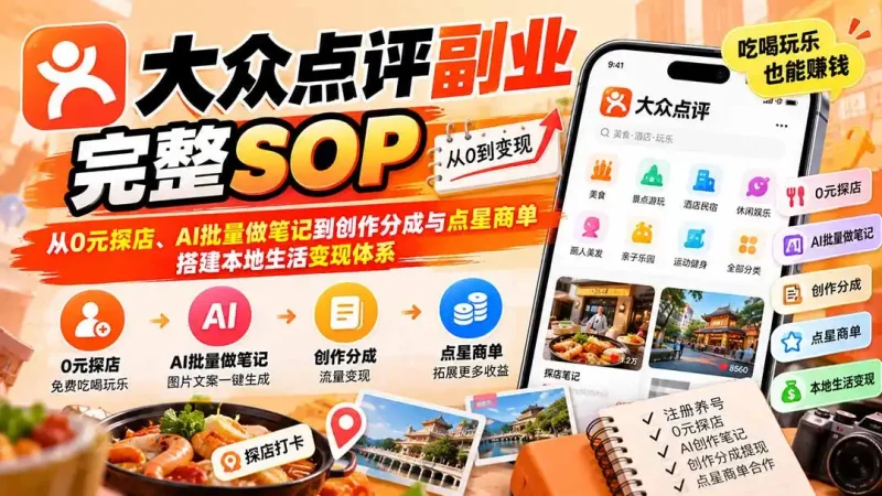 【无水印】大众点评副业完整SOP：从0元探店、AI批量做笔记到创作分成与点星商单，搭建本地生活变现体系-大伟资源网