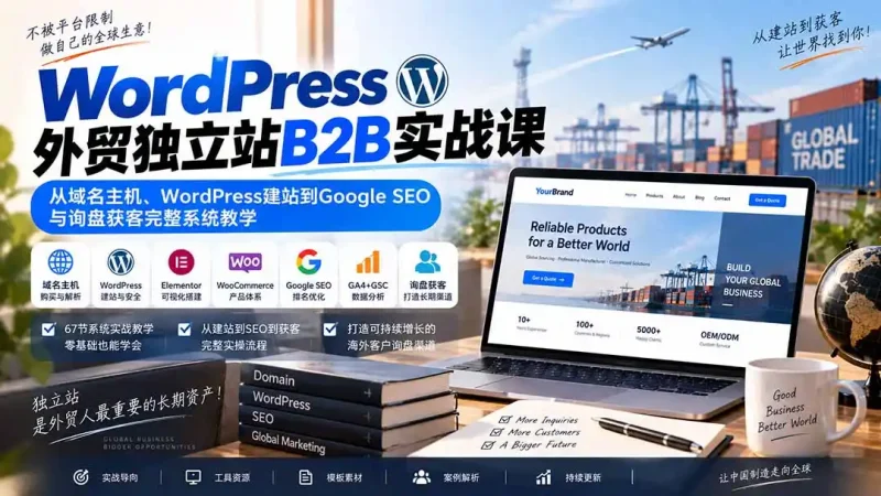 WordPress外贸独立站B2B实战课：从域名主机、WordPress建站到Google SEO与询盘获客完整系统教学-大伟资源网