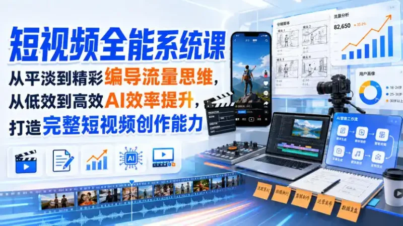 短视频全能系统课，从平淡到精彩编导流量思维，从低效到高效AI效率提升，打造完整短视频创作能力(完整版)-大伟资源网