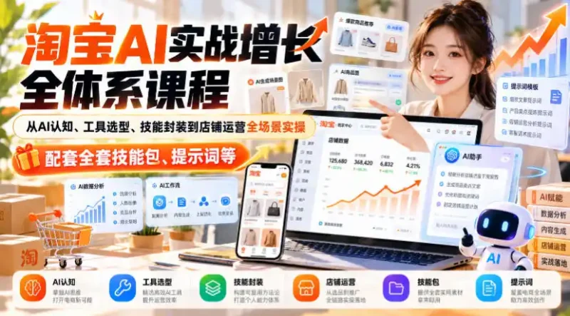 淘宝AI实战增长全体系课程，从AI认知、工具选型、技能封装到店铺运营全场景实操，配套全套技能包、提示词等-大伟资源网