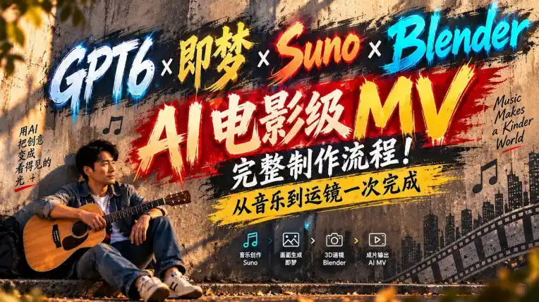 GPT6×即梦×Suno×Blender｜AI电影级MV完整制作流程！从音乐到运镜一次完成！-大伟资源网