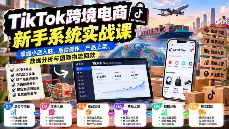 TikTok跨境电商新手系统实战课：掌握小店入驻、后台操作、产品上架、数据分析与国际物流回款-大伟资源网