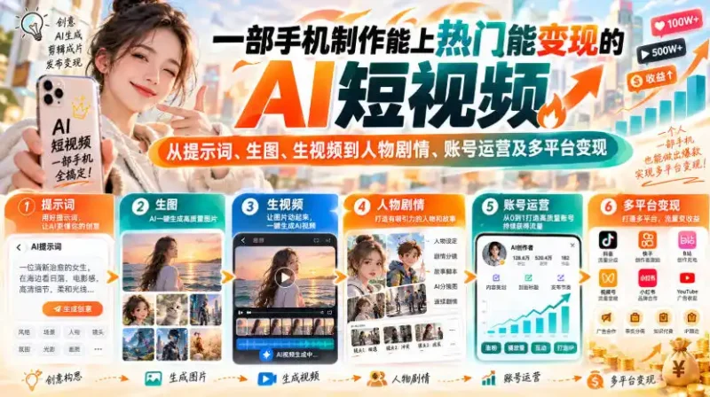 【无水印】一部手机制作能上热门能变现的AI短视频，从提示词、生图、生视频到人物剧情、账号运营及多平台变现-大伟资源网