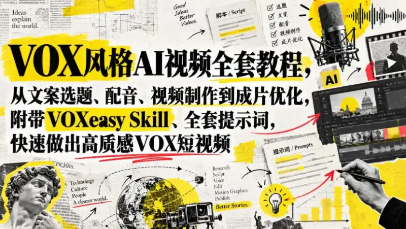 VOX风格AI视频全套教程，从文案选题、配音、视频制作到成片优化，附带VOXeasy Skill、全套提示词，快速做出高质感VOX短视频-大伟资源网