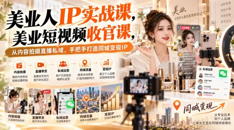 【无水印】美业人IP实战课，美业短视频收官课，从内容拍摄直播私域，手把手打造同城变现IP-大伟资源网