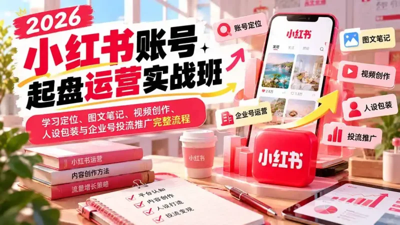 2026小红书账号起盘运营实战班：学习定位、图文笔记、视频创作、人设包装与企业号投流推广完整流程-大伟资源网
