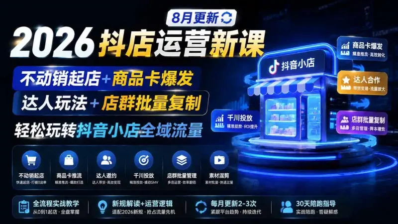 2026抖店运营新课|更新0928|不动销起店+商品卡爆发|达人玩法+店群批量复制|轻松玩转抖音小店全域流量-大伟资源网