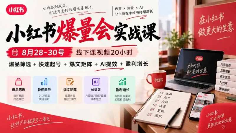小红书爆量会实战课-更新9月17：线下课视频20小时，爆品筛选+快速起号+爆文矩阵+AI提效+盈利增长-大伟资源网