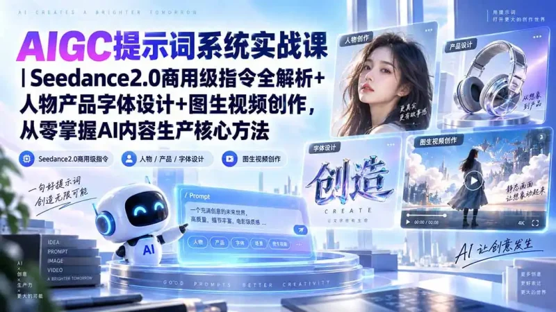 AIGC提示词系统实战课-无水印|Seedance2.0商用级指令全解析+人物产品字体设计+图生视频创作,掌握AI内容生产方法-大伟资源网