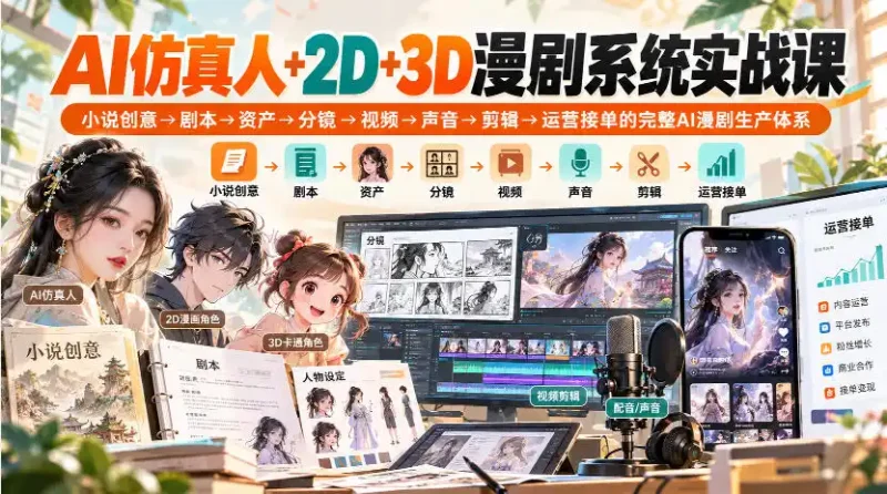 【无水印】AI仿真人+2D+3D漫剧系统实战课，小说创意→剧本→资产→分镜→视频→声音→剪辑→运营接单的完整AI漫剧生产体系-大伟资源网
