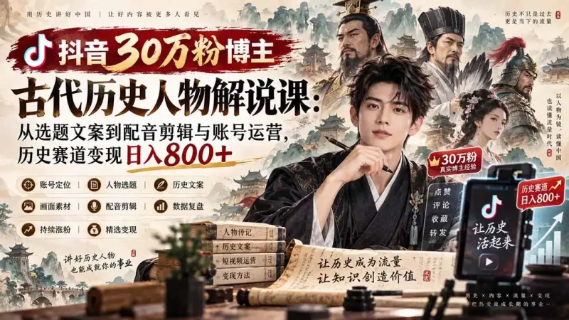 抖音30万粉博主古代历史人物解说课：从选题文案到配音剪辑与账号运营，历史赛道变现日入800+-大伟资源网
