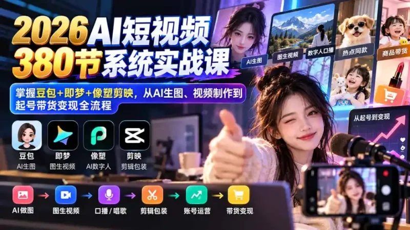 【无水印】2026AI短视频380节系统实战课:掌握豆包+即梦+像塑剪映,从AI生图、视频制作到起号带货变现全流程-大伟资源网