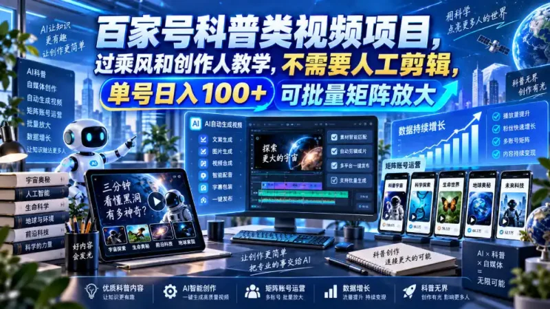 百家号科普类视频项目,过乘风和创作人教学,不需要人工剪辑,单号日入100+可批量矩阵放大-大伟资源网