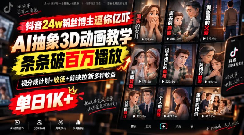 抖音24w粉丝博主逗你亿吓AI抽象3D动画教学，条条破百万播放，分成计划+收徒+剪映拉新多种收益，单日1K+-大伟资源网