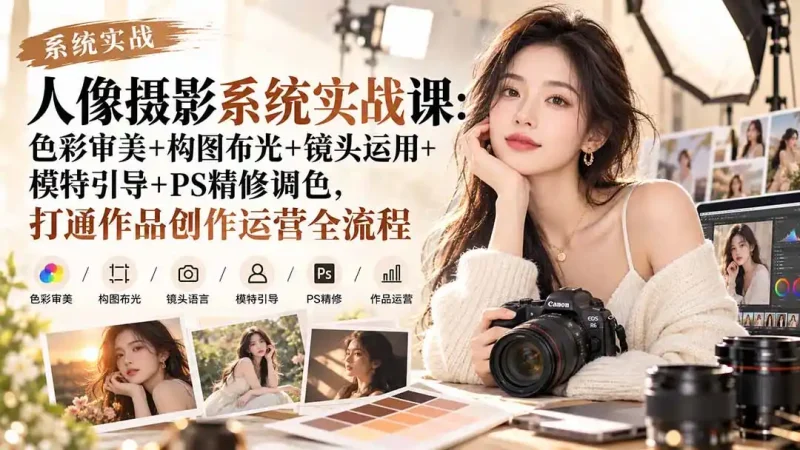 【无水印】人像摄影系统实战课：色彩审美+构图布光+镜头运用+模特引导+PS精修调色，打通作品创作运营全流程-大伟资源网