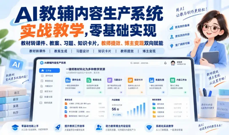 AI教辅内容生产系统实战教学，零基础实现教材转课件、教案、习题、知识卡片，教师提效、博主变现双向赋能-大伟资源网