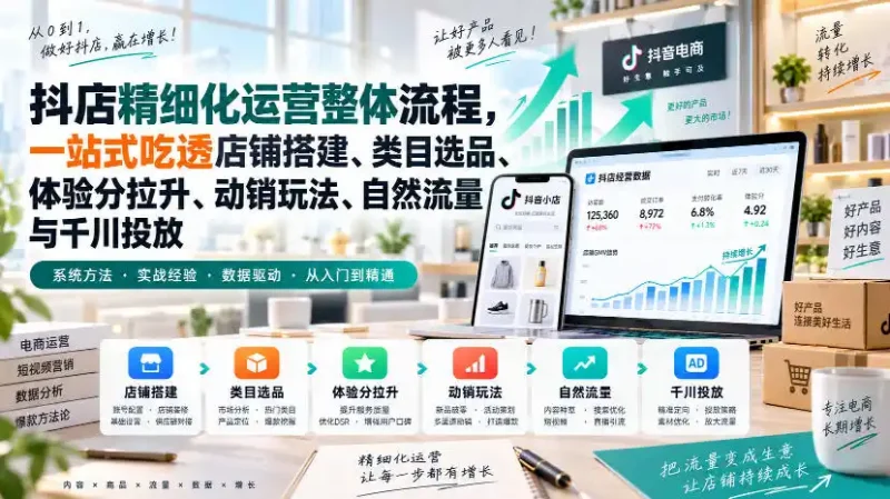李哥电商-抖店精细化运营整体流程,一站式吃透店铺搭建、类目选品、体验分拉升、动销玩法、自然流量与千川投放-大伟资源网