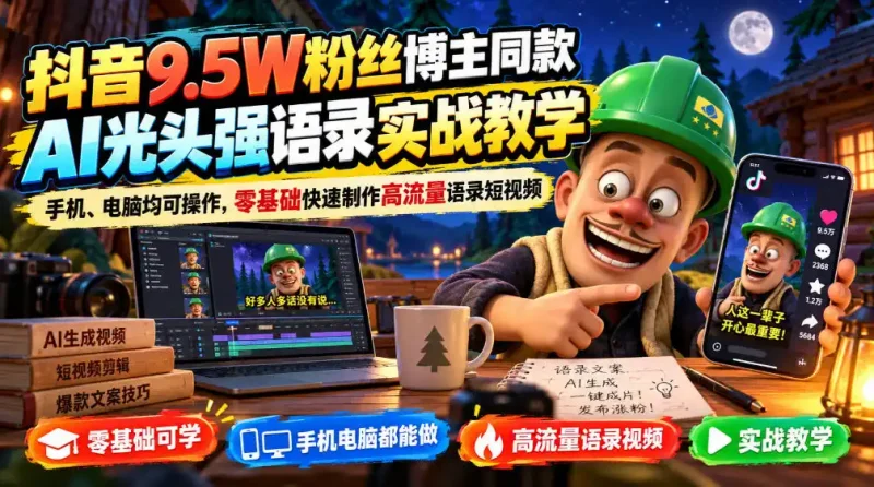 抖音9.5W粉丝博主同款AI光头强语录实战教学,手机、电脑均可操作,零基础快速制作高流量语录短视频-大伟资源网