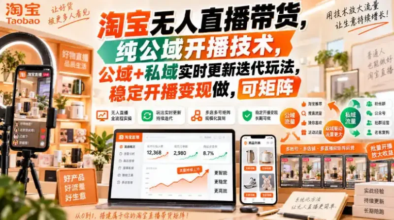 淘宝无人直播带货,纯公域开播技术,公域+私域实时更新迭代玩法,稳定开播变现做,可矩阵【揭秘】-大伟资源网