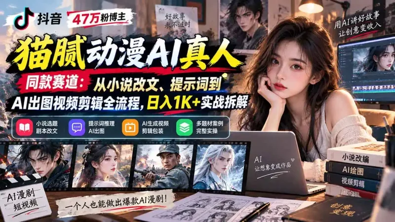 抖音47万粉博主猫腻动漫AI真人同款赛道：从小说改文、提示词到AI出图视频剪辑全流程，日入1K+实战拆解-大伟资源网