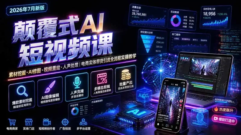 颠覆式AI短视频课-更新｜素材挖掘，AI修图，视频重绘，人声处理｜电商实体带货引流全流程实操教学-大伟资源网