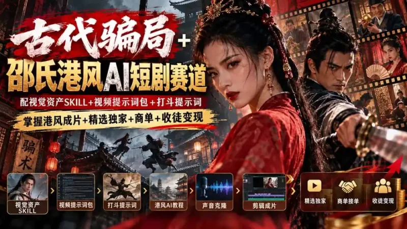 古代骗局+邵氏港风AI短剧赛道：配视觉资产SKILL+视频提示词包+打斗提示词，掌握港风成片+精选独家+商单+收徒变现-大伟资源网