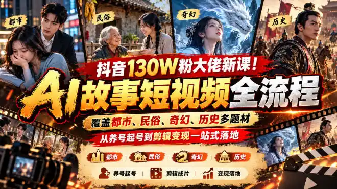 抖音130W粉大佬新课！AI故事短视频全流程，覆盖都市、民俗、奇幻、历史多题材，从养号起号到剪辑变现一站式落地-大伟资源网