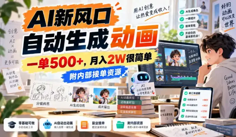 AI新风口，自动生成动画，一单500+，月入2W很简单，附内部接单资源【揭秘】-大伟资源网