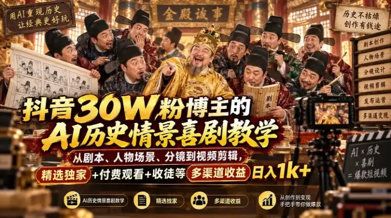 抖音30W粉博主的AI历史情景喜剧教学，从剧本、人物场景、分镜到视频剪辑，精选独家+付费观看+收徒等多渠道收益日入1k+-大伟资源网