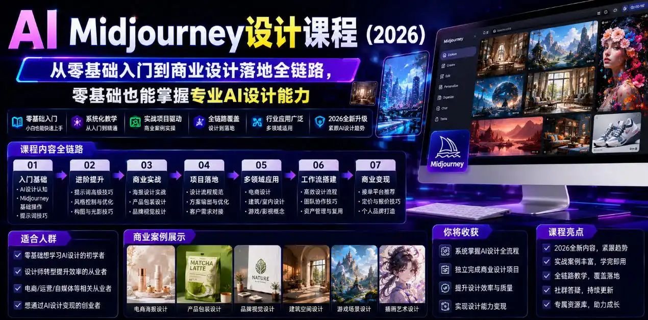 AI Midjourney设计课程（2026），从零基础入门到商业设计落地全链路，零基础也能掌握专业AI设计能力（更新0913）