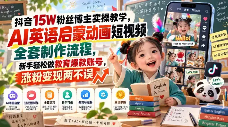 抖音15W粉丝博主实操教学,AI英语启蒙动画短视频全套制作流程,新手轻松做教育爆款账号,涨粉变现两不误-大伟资源网