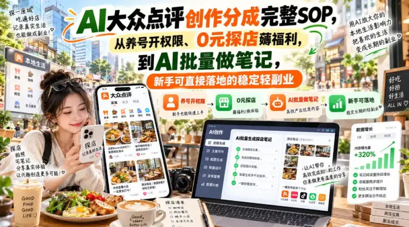 【无水印】AI大众点评创作分成完整SOP,从养号开权限、0元探店薅福利,到AI批量做笔记,新手可直接落地的稳定轻副业-大伟资源网