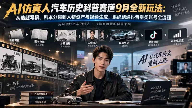AI仿真人汽车历史科普赛道9月全新玩法：从选题写稿、剧本分镜到人物资产与视频生成，系统跑通抖音垂类账号全流程-大伟资源网