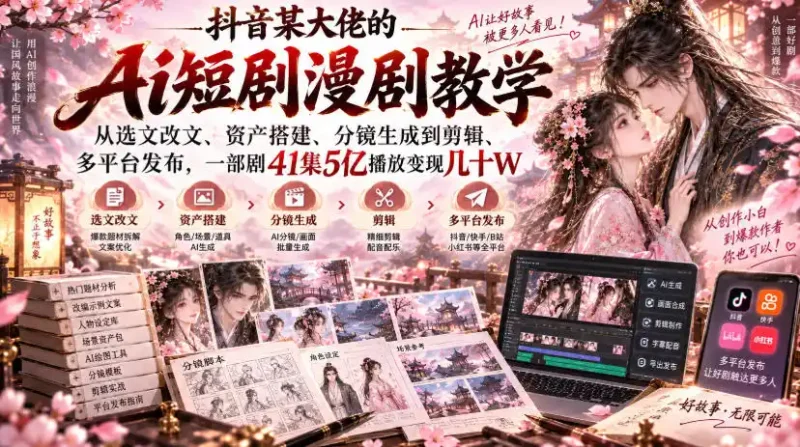 抖音某大佬的Ai短剧漫剧教学,从选文改文、资产搭建、分镜生成到剪辑、多平台发布,一部剧41集5亿播放变现几十W-大伟资源网