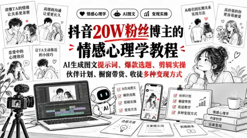 抖音20W粉丝博主静候心声的情感心理学教程，AI生成图文提示词、爆款选题、剪辑实操，伙伴计划、橱窗带货、收徒多种变现方式-大伟资源网