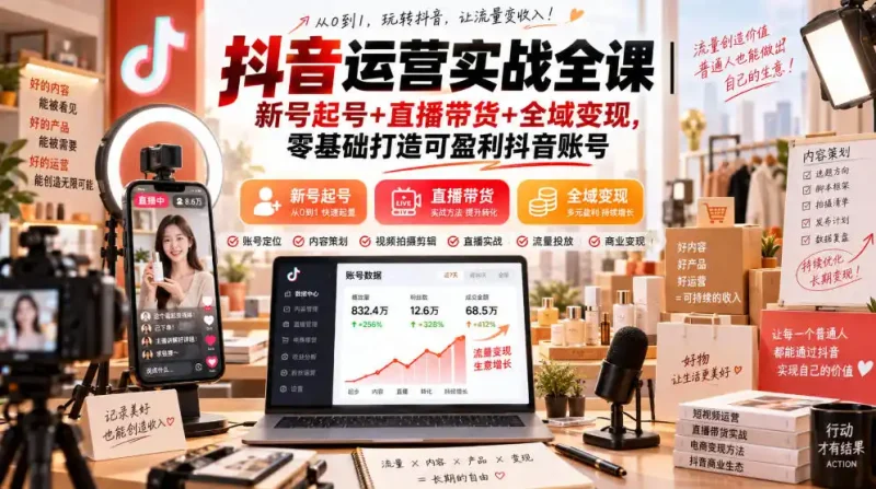 抖音运营实战全课｜新号起号+直播带货+全域变现，零基础打造可盈利抖音账号-大伟资源网