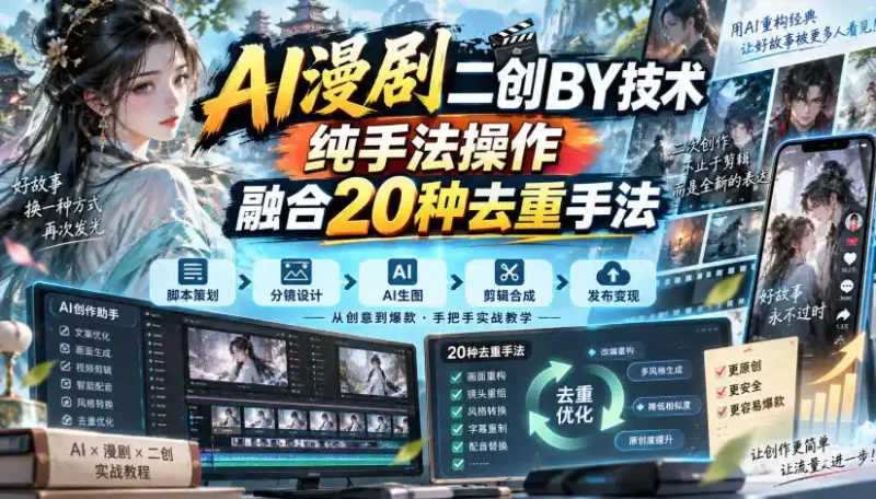 AI漫剧二创搬运技术,纯手法操作,融合20种去重手法-大伟资源网