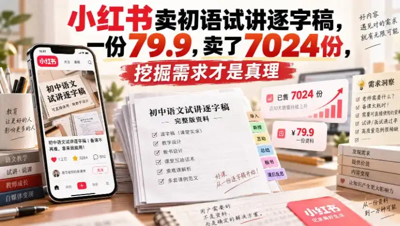 小红书卖初语试讲逐字稿，一份79.9，卖了7024份，挖掘需求才是真理-大伟资源网