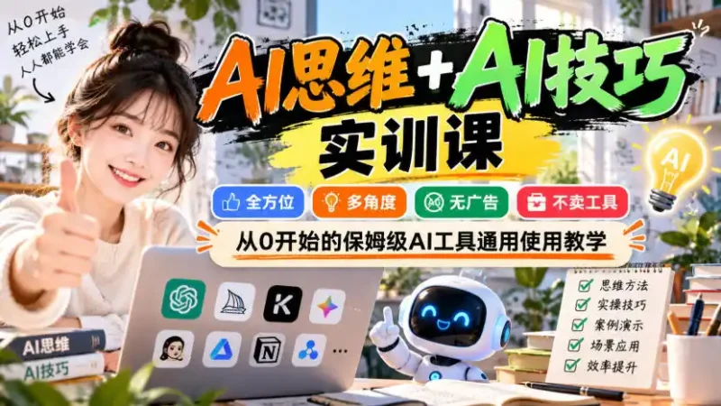 【无水印】AI思维+AI技巧实训课，全方位、多角度、无广告、不卖工具，从0开始的保姆级AI工具通用使用教学-大伟资源网