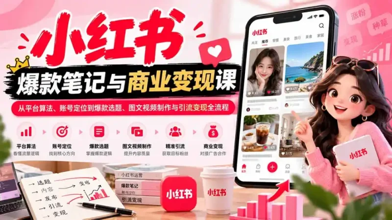 2026小红书爆款笔记与商业变现课：从平台算法、账号定位到爆款选题、图文视频制作与引流变现全流程-大伟资源网